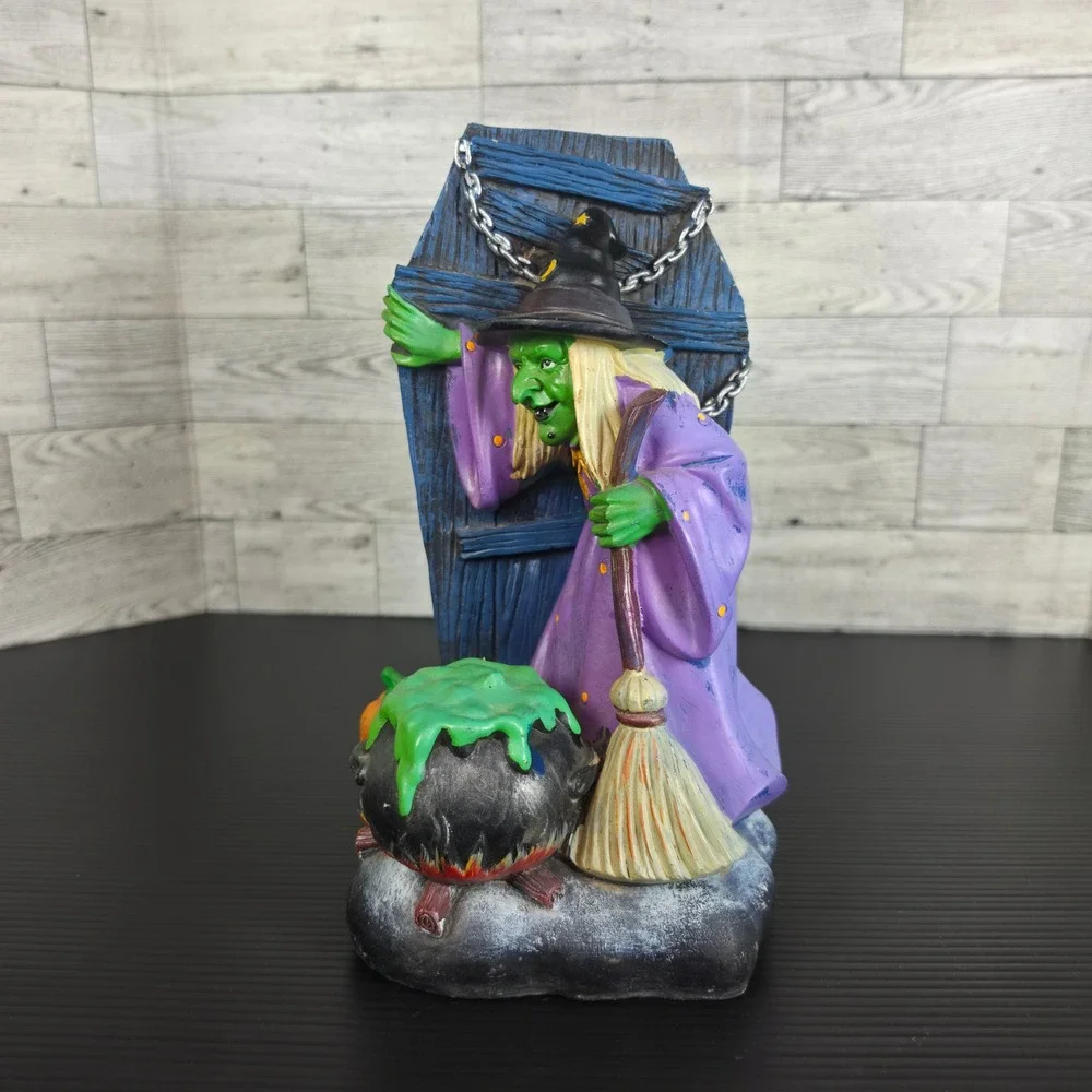 Vintage Halloween Witch Figurine Coffin Cauldron Pumpkin Resin Decor 11 inch